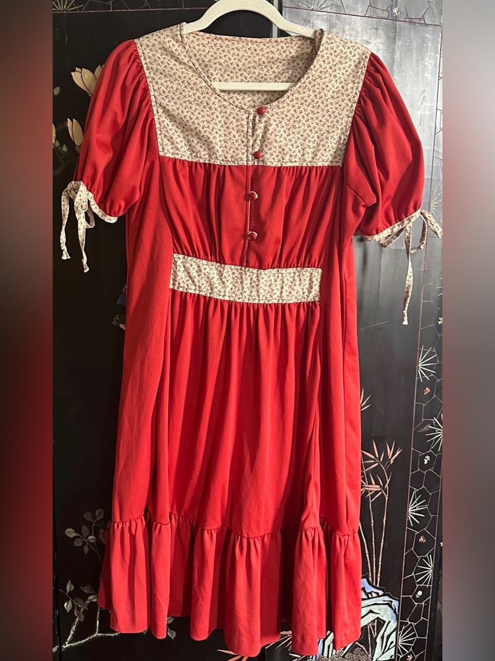1970s Rust Red Puff-Sleeve Dress with Floral Yoke and trim